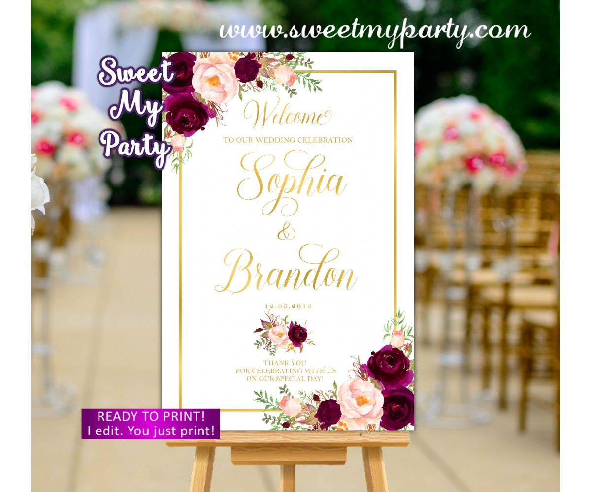 Burgundy Wedding Welcome Sign,Floral Wedding Welcome sign,(61dw)